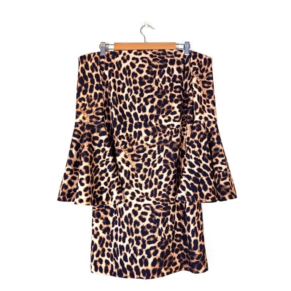 VINCE CAMUTO Trumped Sleeve Off Shoulder Mini Bodycon Dress Brown Cheetah Medium